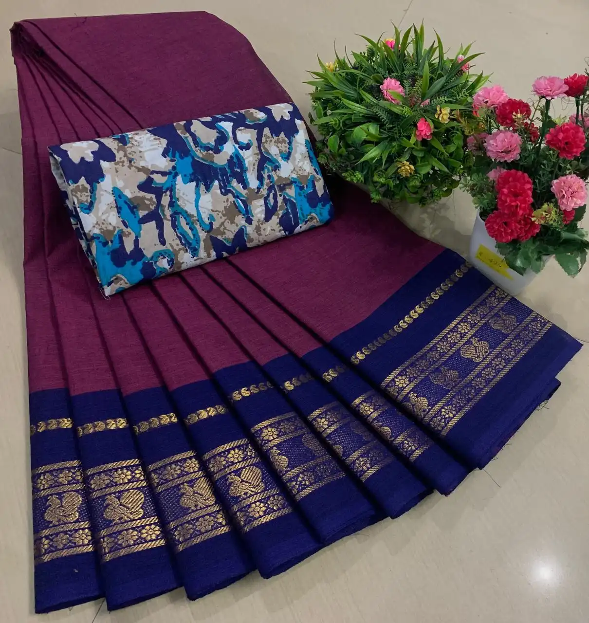 Magenta Blue Contrast Zari Border Pure Cotton Saree